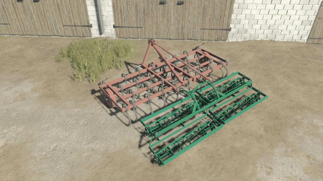 Bomet U725 v1.0.0.0 mod for FS25, showcasing a farming implement with red frame and green rollers on dirt, enhancing Farming Simulator 25 gameplay.