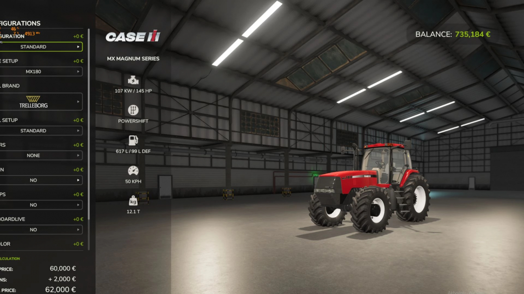 Image of Case IH MX Magnum EU mod in Farming Simulator 25 showing tractor options and specifications.