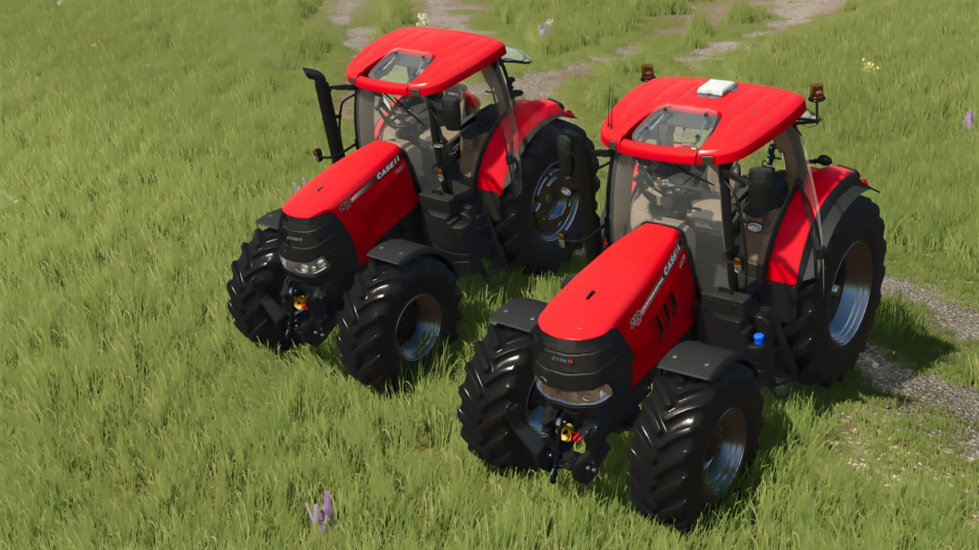 Two red Case IH Puma CVX 2014 tractors on green grass in Farming Simulator 25 mod.