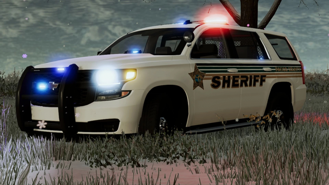 Chevrolet Tahoe 2015 PPV mod for FS25, displaying sheriff markings and emergency lights in a rural setting.