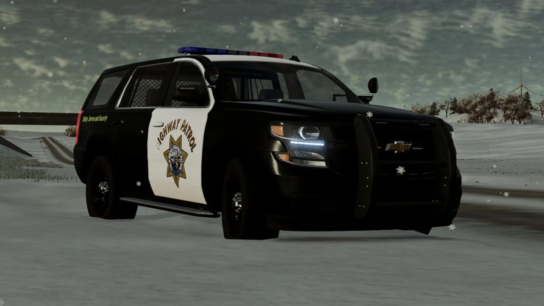 Chevrolet Tahoe 2015 PPV mod in FS25, depicted as a police vehicle on a snowy road.