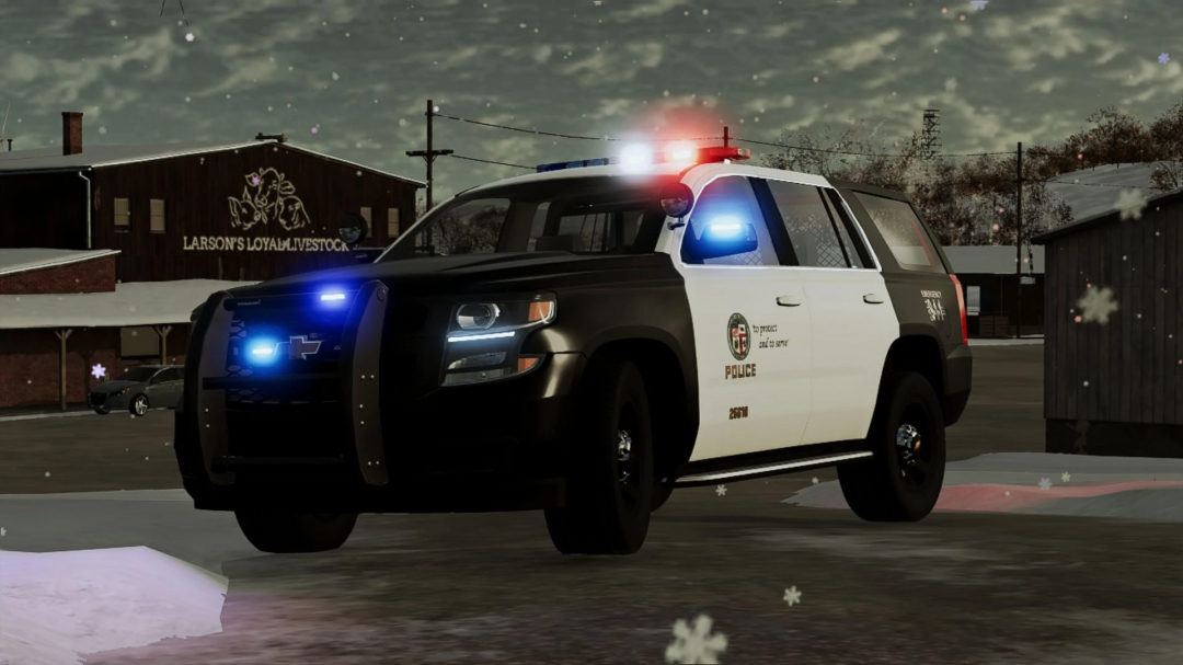 FS25 mod Chevrolet Tahoe 2015 PPV with police lights on in snowy environment.