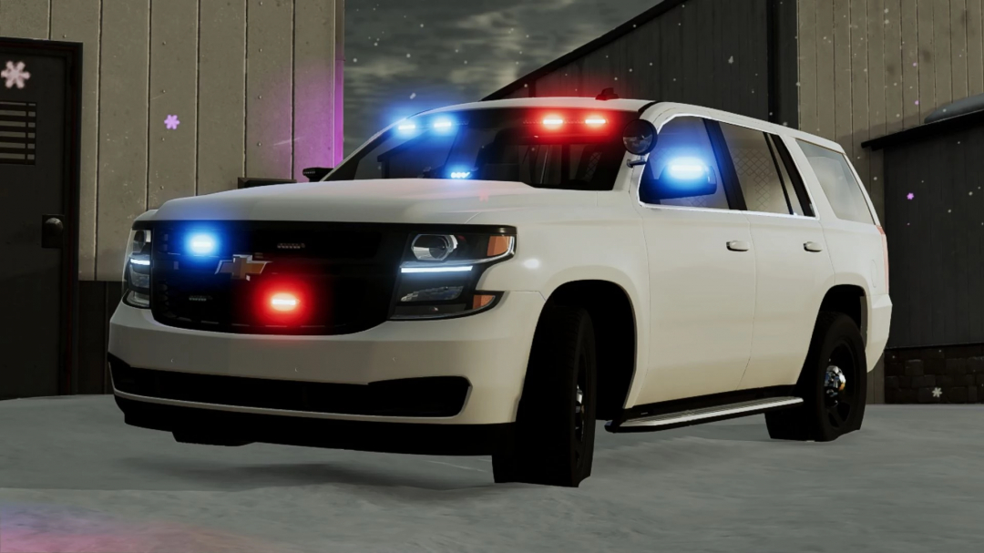 Chevrolet Tahoe 2015 PPV mod in FS25 with police lights activated.