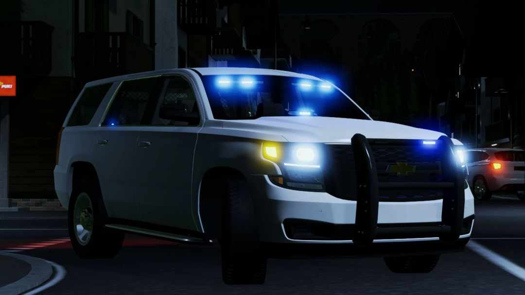 FS25 mod Chevrolet Tahoe 2015 PPV with blue lights at night in Farming Simulator 25.