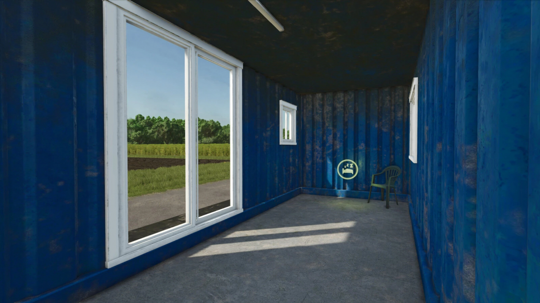 Interior of blue container farmhouse mod in FS25 with large windows and a chair.