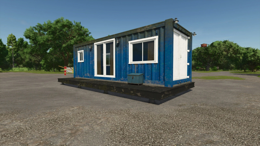 FS25 mods Container Farmhouse v1.0.0.0 in Farming Simulator 25, showing a blue container building on a paved area with trees in the background.