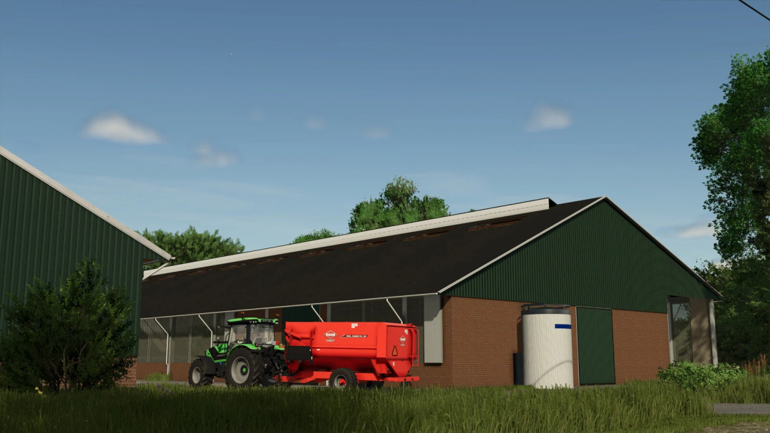 FS25 Cowshed 3+0 mod v1.0.0.0 featuring a tractor and a red silo near a green barn in Farming Simulator 25.