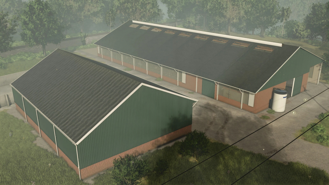 Cowshed mod for FS25 featuring green buildings with brick bases in a rural setting.