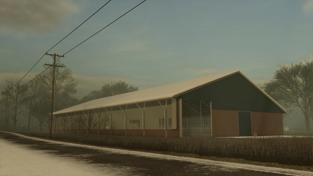 FS25 mod Cowshed 3+0 v1.0.0.0 features a large barn in a misty rural setting, showcasing Farming Simulator 25 mods.