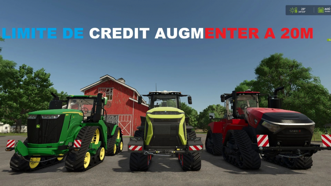 FS25 mod image showing three tractors in front of a barn, showcasing 'Credit limit increased to 20 million' feature.