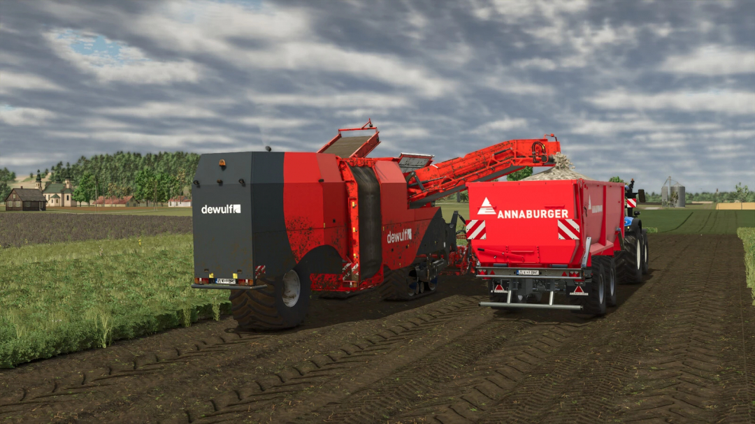 FS25 mod Dewulf Kwatro harvesting and unloading potatoes into a red Annaburger trailer in a farm field.