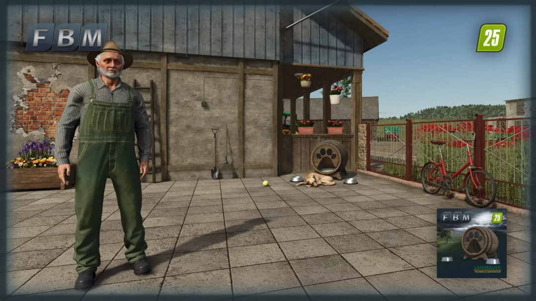 FS25 mod Dog barrel v1.0.0.0, featuring a farmer, tools, and a sleeping dog next to a barrel outside a barn.