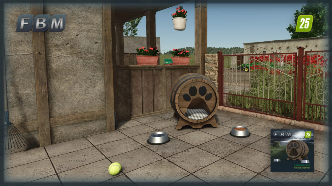 FS25 mod image showing a rustic wooden dog barrel with a paw design, surrounded by dog bowls and a tennis ball in a courtyard.