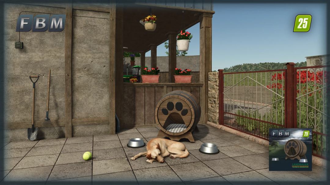 Dog barrel mod for FS25, featuring a dog bed made from a wooden barrel with a paw print, bowls, and a resting dog beside a farm shed.