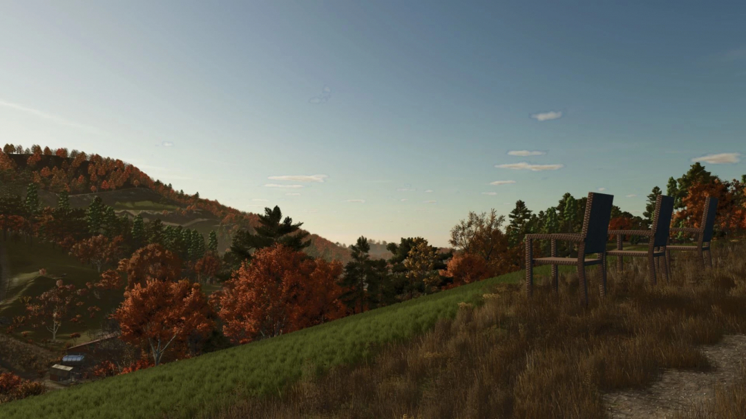 Three chairs on a hilltop overlooking autumnal forest in FS25 mod Drei Stühle v2.0.0.0.