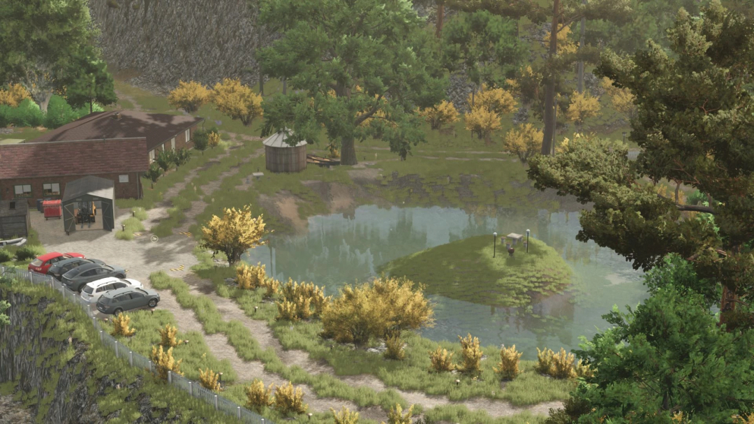 Scenic view of Drei Stühle mod in FS25 showing a pond, trees, a house, and parked cars.