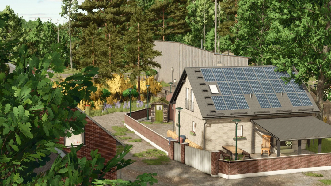 FS25 mod Drei Stühle v2.0.0.0 image with a countryside house featuring solar panels and a surrounding garden.