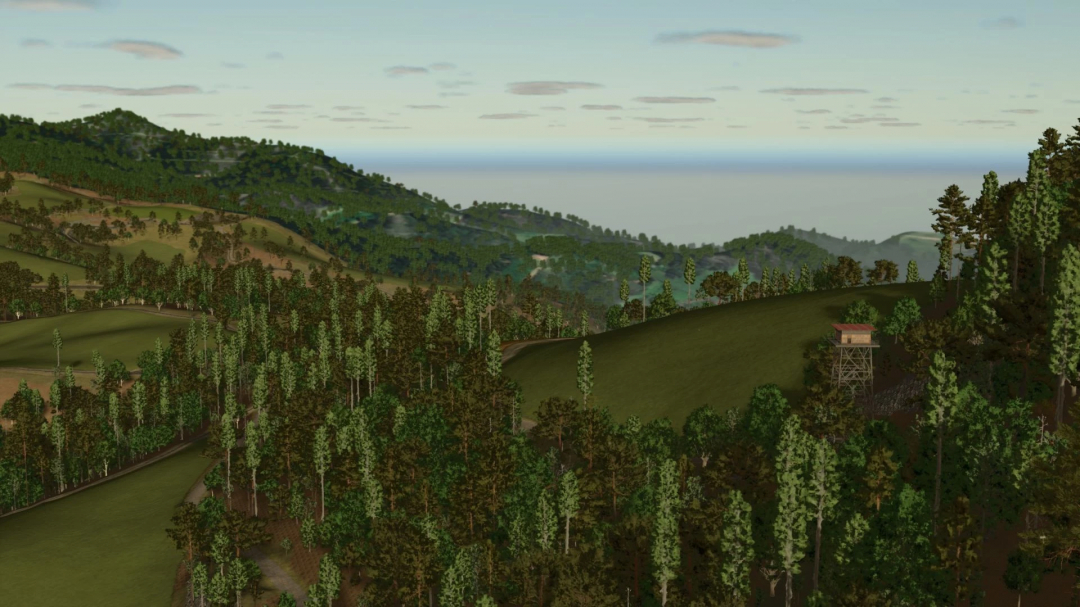 Scenic view of hilly landscape with dense forest and a lookout post in FS25 mod Drei Stühle v2.0.0.0.