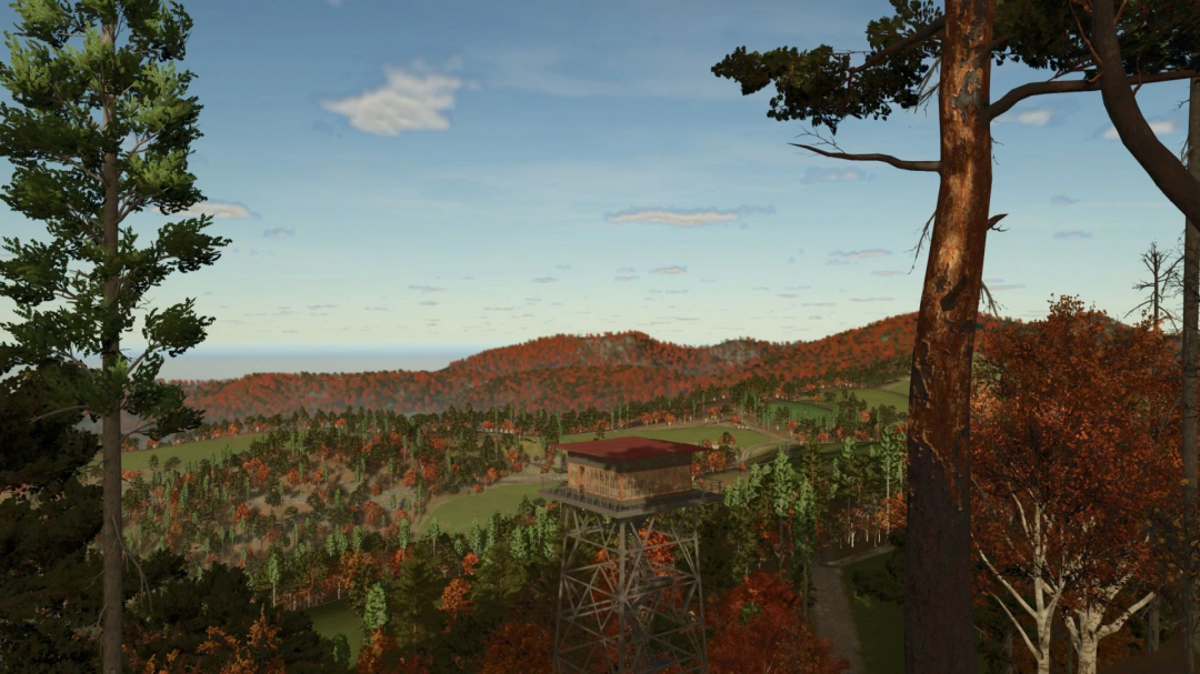 Scenic autumn landscape in FS25 Drei Stühle mod, featuring a wooden watchtower amidst colorful foliage.