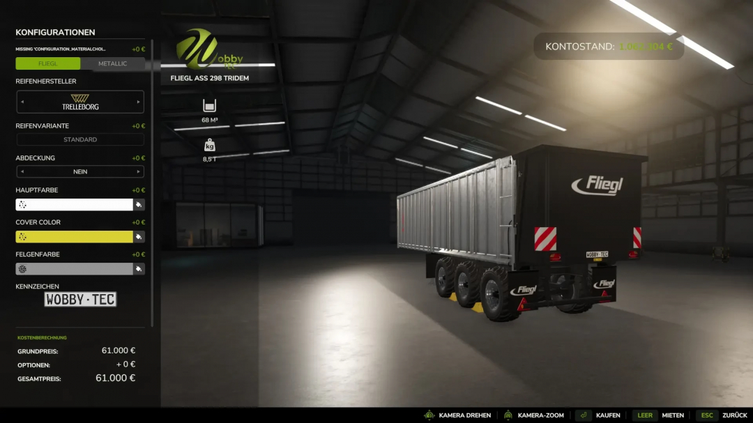 FLIEGL ASS298 3-axle push-off shield trailer in FS25 mod by WobbyTec, parked in a dimly lit garage.