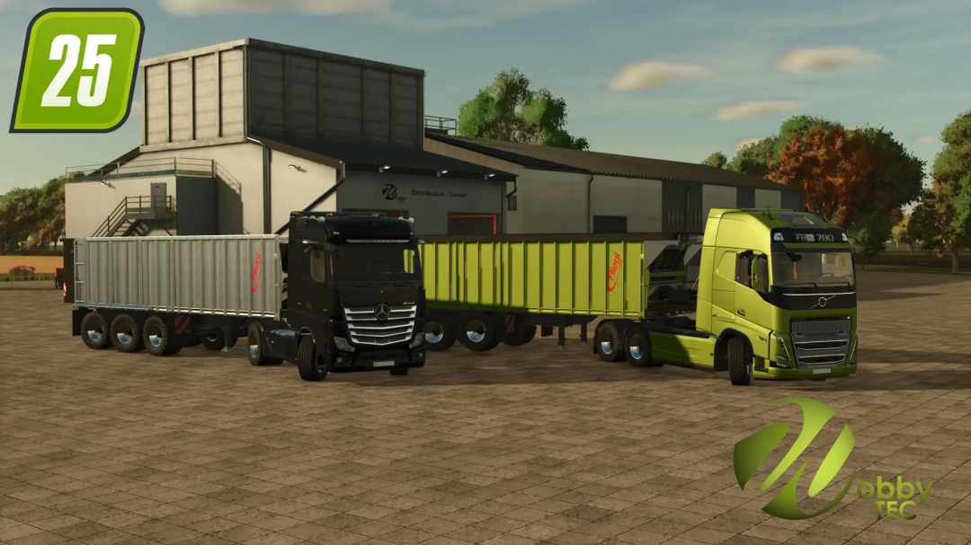 FS25 mods: FLIEGL ASS298 3-axle trailers at a distribution center in Farming Simulator 25.