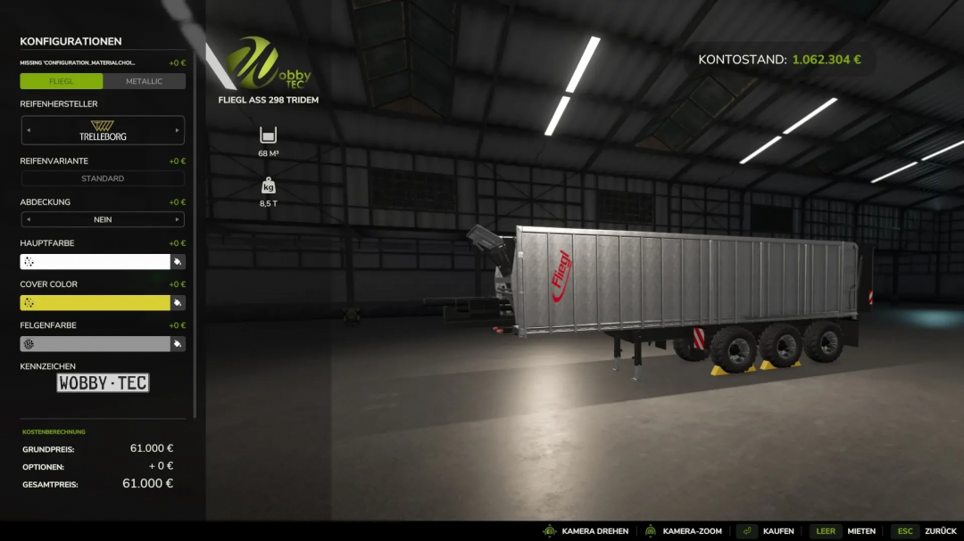 FS25 mod FLIEGL ASS298 3-axle trailer customization options displayed in Farming Simulator 25.