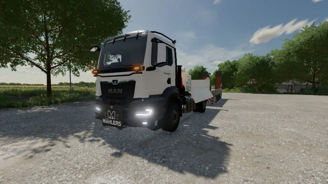 FS22 MAN TGS 2021 4x4 mod in Farming Simulator 22, featuring a white truck with trailer parked on a gravel road.