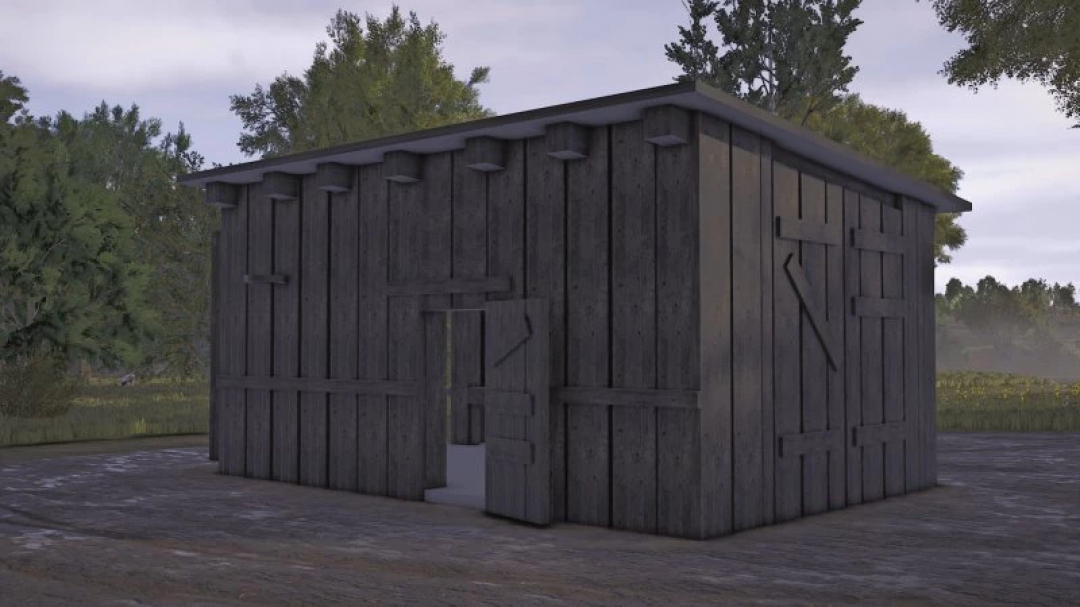 Wooden garage from FS25 Garage mod in Farming Simulator 25, version 1.0.0.0, set in rural environment.