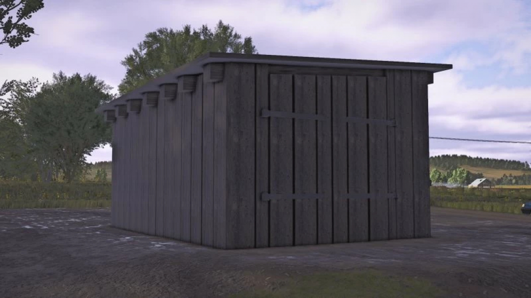 FS25 Garage mod in Farming Simulator 25, showing a wooden shed structure in a rural setting.