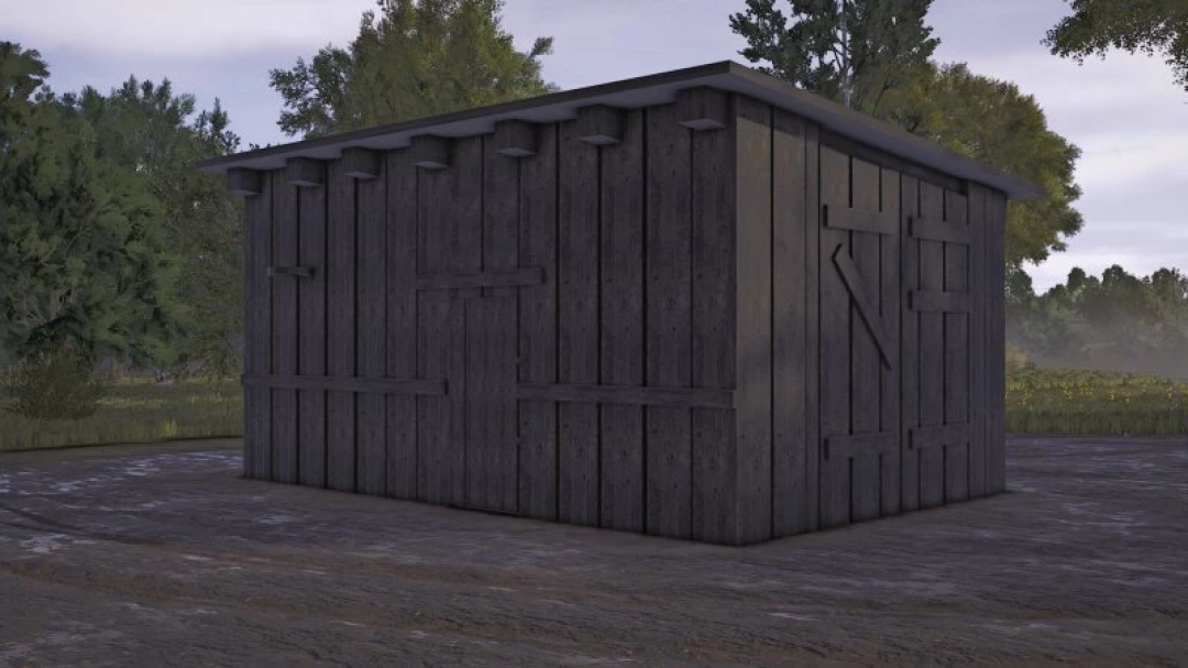 FS25 Garage v1.0.0.0 mod featuring a wooden shed in a forested area, enhancing gameplay in Farming Simulator 25.