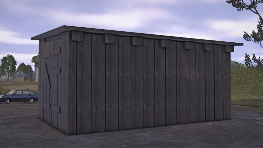 Wooden garage mod for FS25 showcased in a rural setting. Farming Simulator 25 mods enhance gameplay realism.