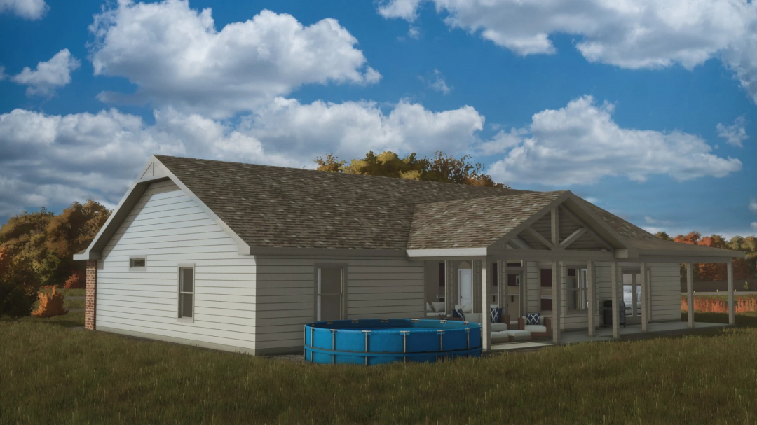 FS25 No Creek Farm House mod for Farming Simulator 25 showing a white house with a wooden roof and outdoor seating area.