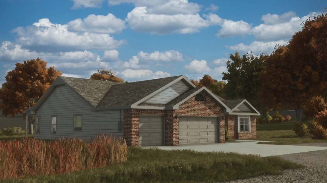 FS25 No Creek Farm House mod showcases a suburban-style house with a brick exterior, set in a lush green landscape, in Farming Simulator 25.