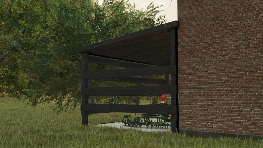 FS25 Szopa v1.0.0.0 mod showing wooden shed attached to a brick building in Farming Simulator 25.