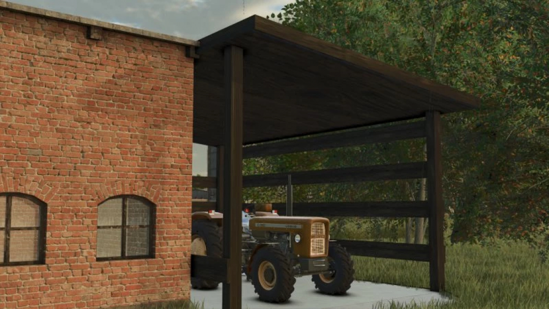 FS25 mod Szopa v1.0.0.0, showing a brick building and a tractor under a wooden shelter. Perfect for Farming Simulator 25 players.