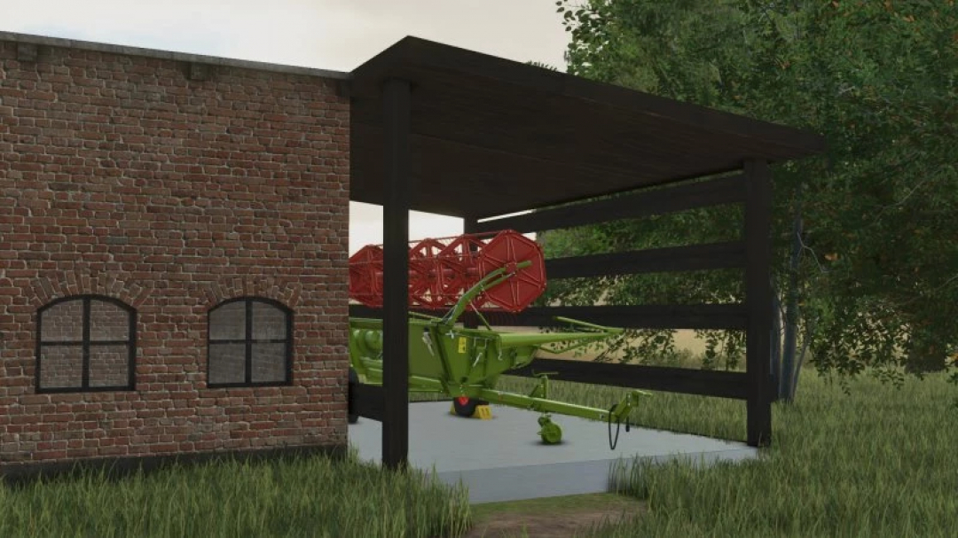 FS25 Szopa mod features a brick shed with farming equipment in Farming Simulator 25.