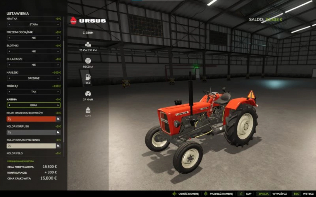 FS25 URSUS C330 - C333m mod in garage view, Farming Simulator 25.