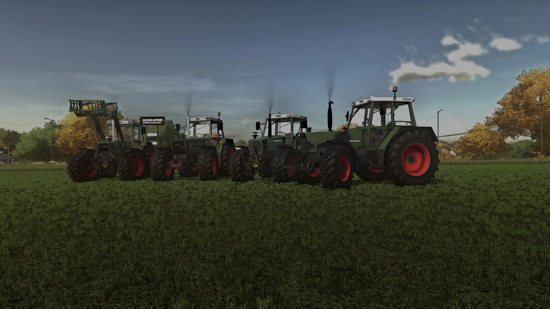 Several Fendt 300 LSA tractors on a field, featured in FS22 mods.