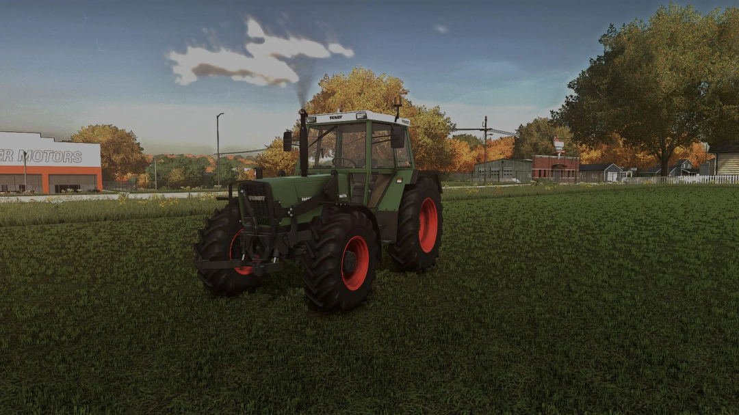 Fendt 300 LSA tractor mod in FS22, green with red wheels, on a lush field under a blue sky.