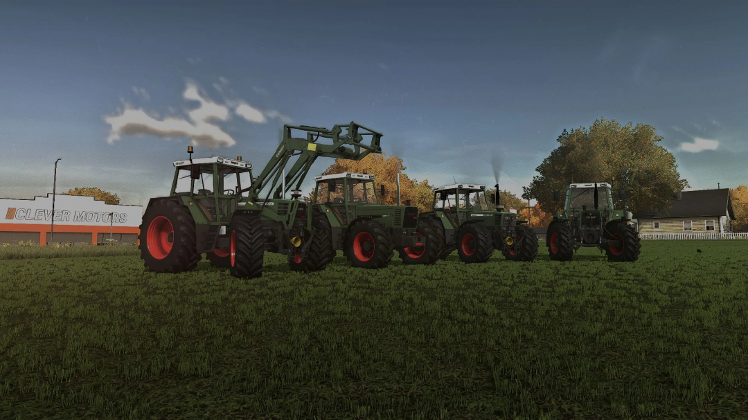 Fendt 300 LSA tractors in FS22 mod by Clever Motors, featuring 4 models on grass field.