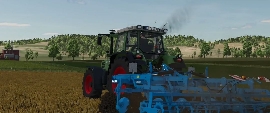 FS25 mod Fendt 500 Favorit tractor plowing field in Farming Simulator 25.