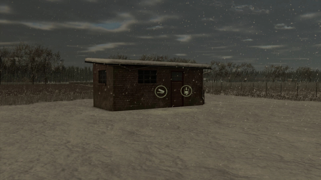 FS25 Fertilizer Storage mod showing a snowy landscape with a small brick building.