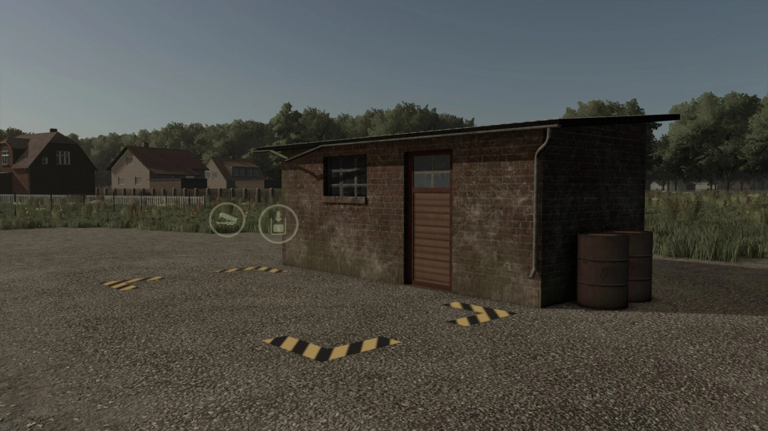 Fertilizer Storage mod in Farming Simulator 25, showing a brick storage building and barrels.