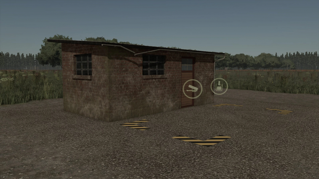 FS25 mod Fertilizer Storage v1.0.0.0 showing a rustic brick shed in a grassy field.