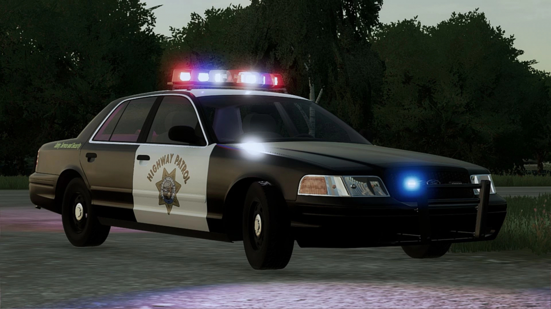 Ford Crown Victoria Police Interceptor mod in FS25 with flashing lights.