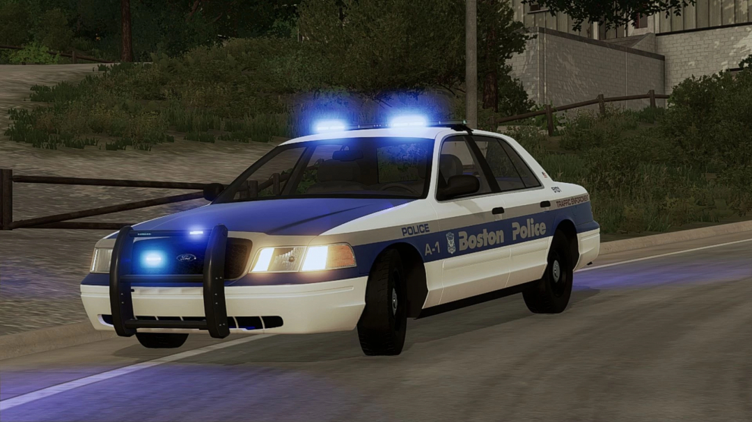 FS25 mod of Ford Crown Victoria Police Interceptor showcased with Boston Police livery.