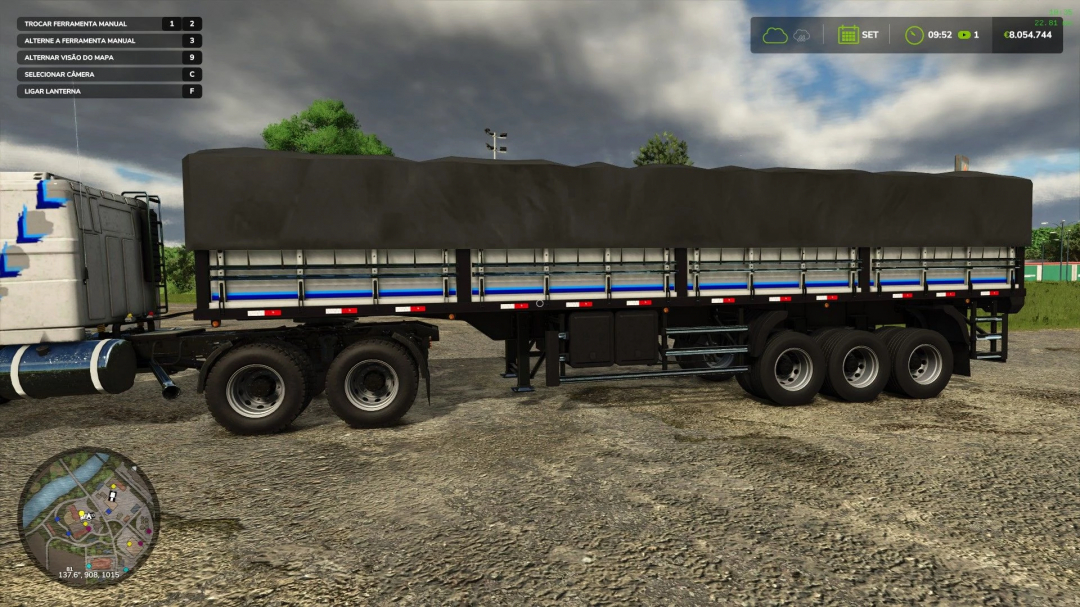 Side view of the GNU Carreta LS v1.0.0.0 mod in FS25, showcasing a tarped trailer with a clear game interface.