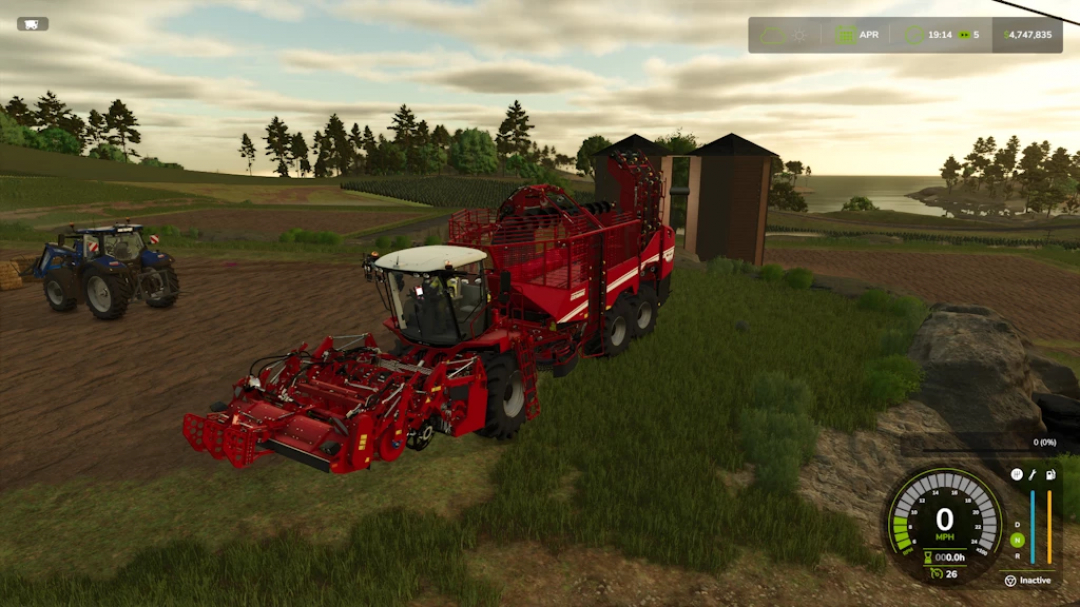 Grimme Rexor 6300 harvester in FS25 mod, alongside a tractor, in a scenic farm landscape.