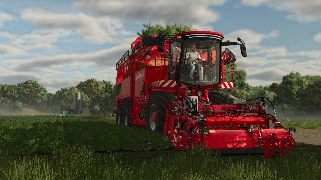 Holmer Terra Dos harvester mod in FS25, operating in a field with a scenic background.