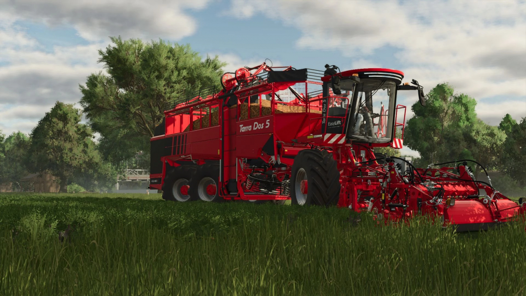 Red Holmer Terra Dos in Farming Simulator 25 mod, harvesting in a lush green field with trees in the background.